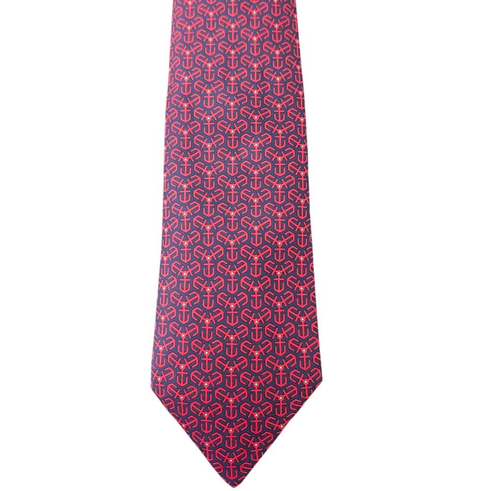 Vintage Hermès 100% Silk Men's Blue Tie With Red Anchors & Yellow Dots
